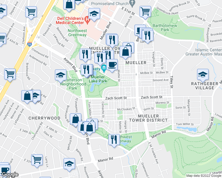 map of restaurants, bars, coffee shops, grocery stores, and more near 4301 Camacho Street in Austin
