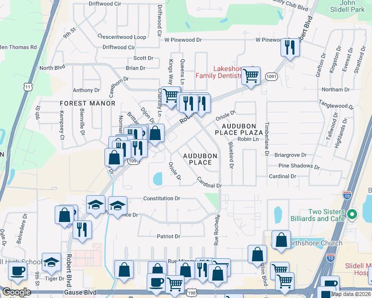 map of restaurants, bars, coffee shops, grocery stores, and more near 248 Oriole Drive in Slidell