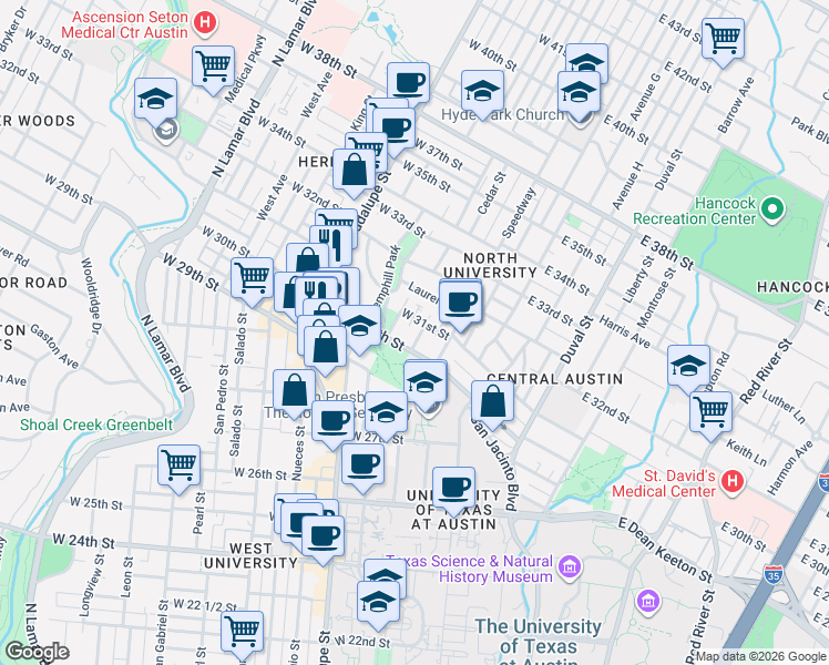 map of restaurants, bars, coffee shops, grocery stores, and more near 3008 Cedar Street in Austin