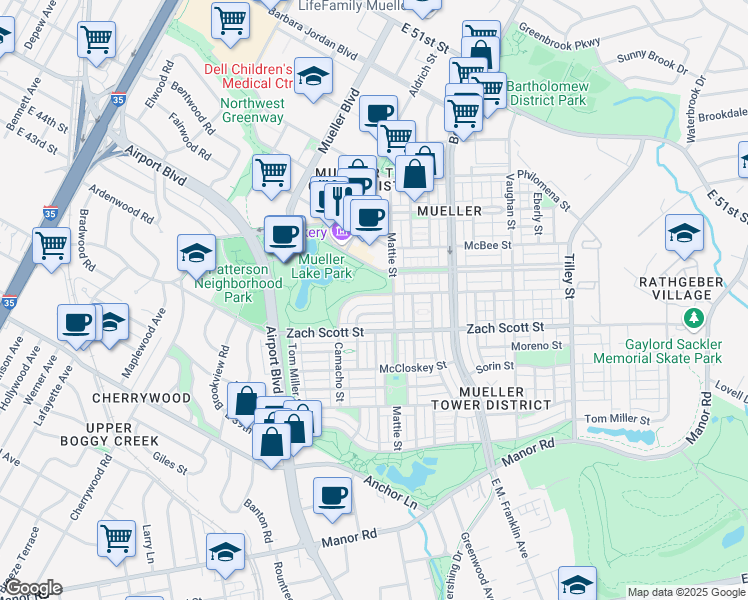 map of restaurants, bars, coffee shops, grocery stores, and more near 4309 Camacho Street in Austin
