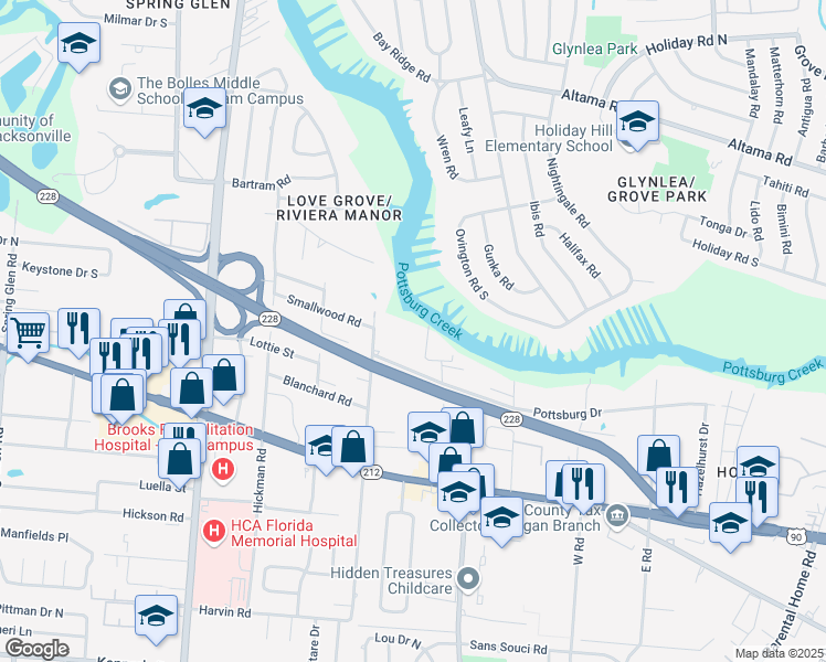 map of restaurants, bars, coffee shops, grocery stores, and more near 1402 Glendale Road West in Jacksonville