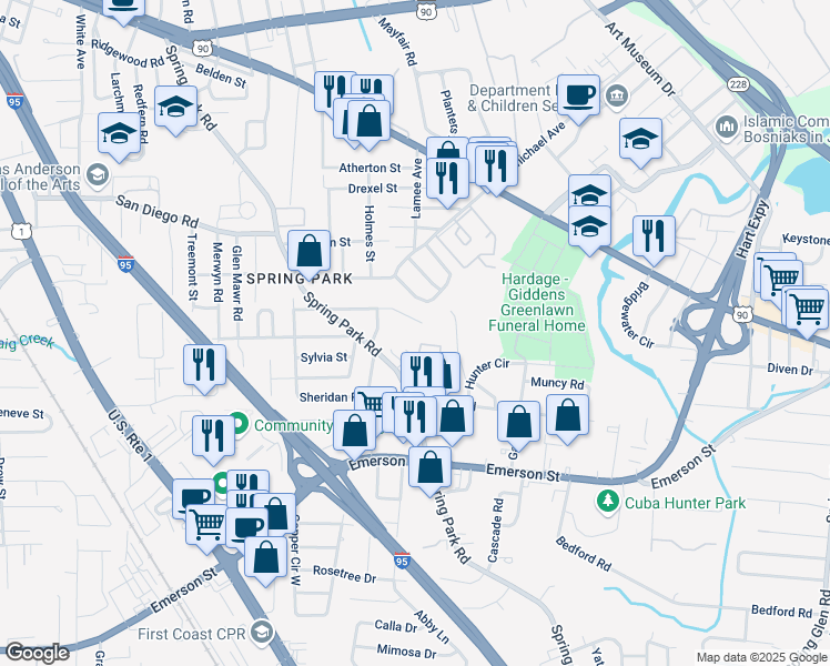 map of restaurants, bars, coffee shops, grocery stores, and more near 3628 Stanley Street in Jacksonville