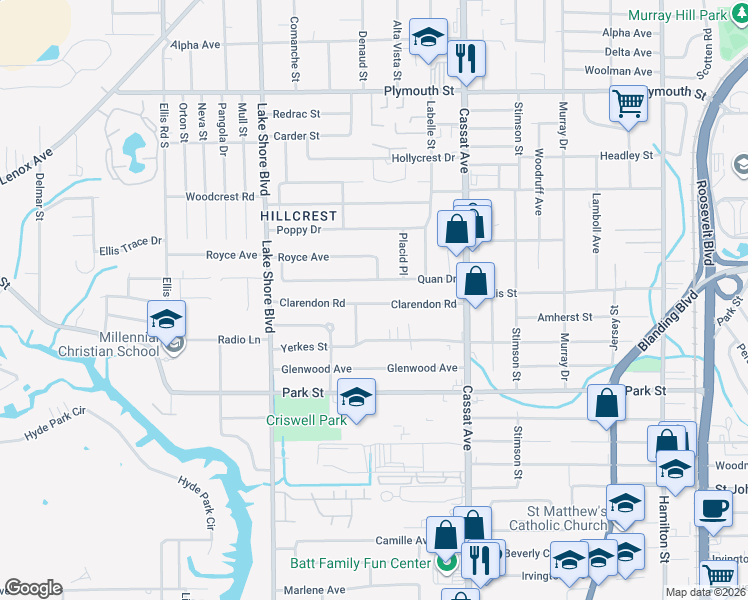 map of restaurants, bars, coffee shops, grocery stores, and more near 5233 Clarendon Road in Jacksonville