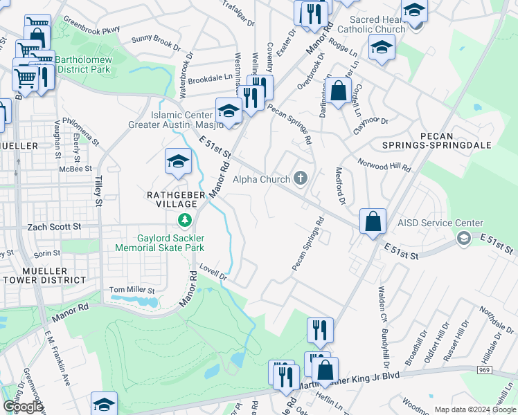 map of restaurants, bars, coffee shops, grocery stores, and more near 4808 Blueberry Trail in Austin