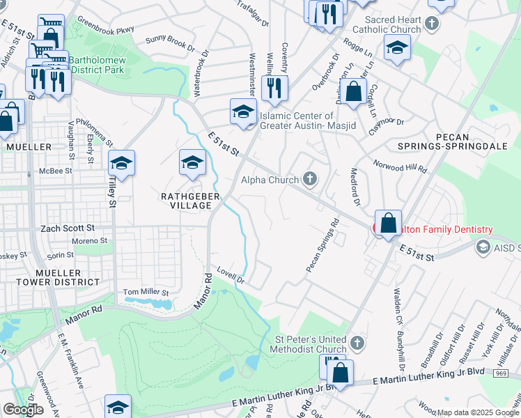 map of restaurants, bars, coffee shops, grocery stores, and more near 4808 Blueberry Trail in Austin