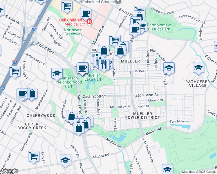 map of restaurants, bars, coffee shops, grocery stores, and more near 4301 Camacho Street in Austin