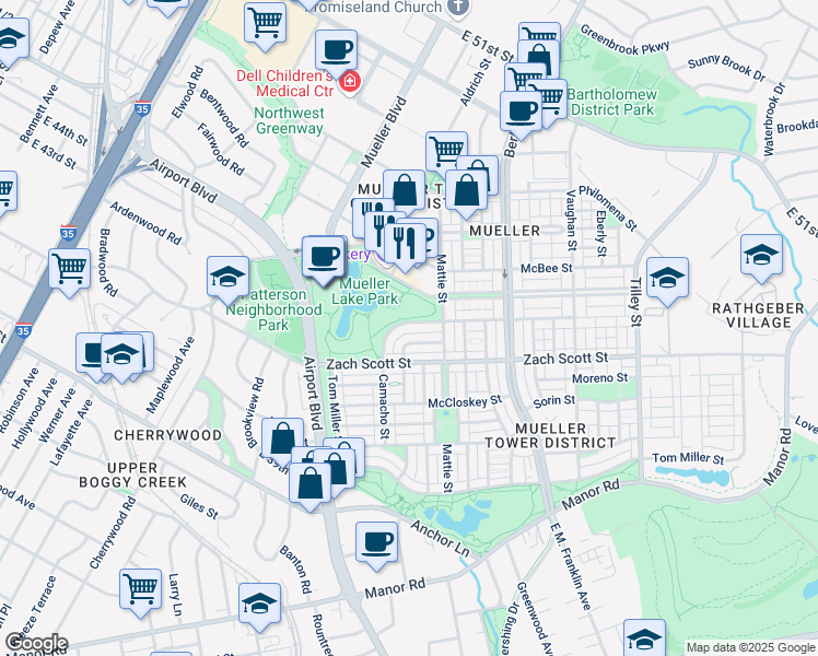 map of restaurants, bars, coffee shops, grocery stores, and more near 4301 Camacho Street in Austin