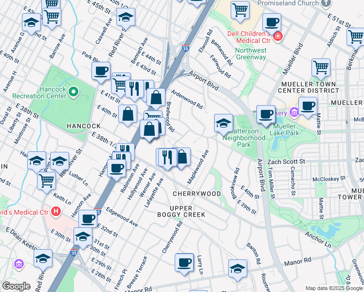 map of restaurants, bars, coffee shops, grocery stores, and more near 1408 Kirkwood Road in Austin