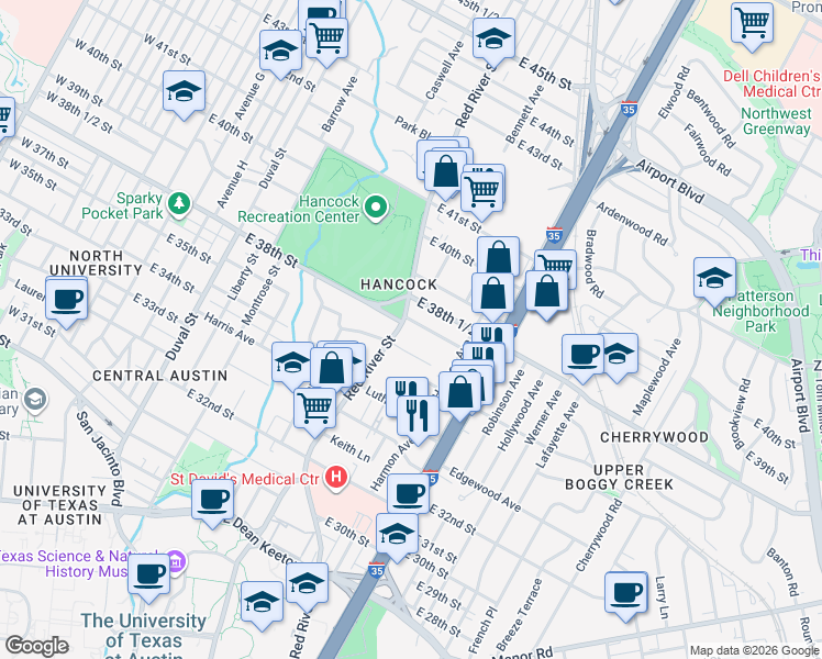 map of restaurants, bars, coffee shops, grocery stores, and more near in Austin