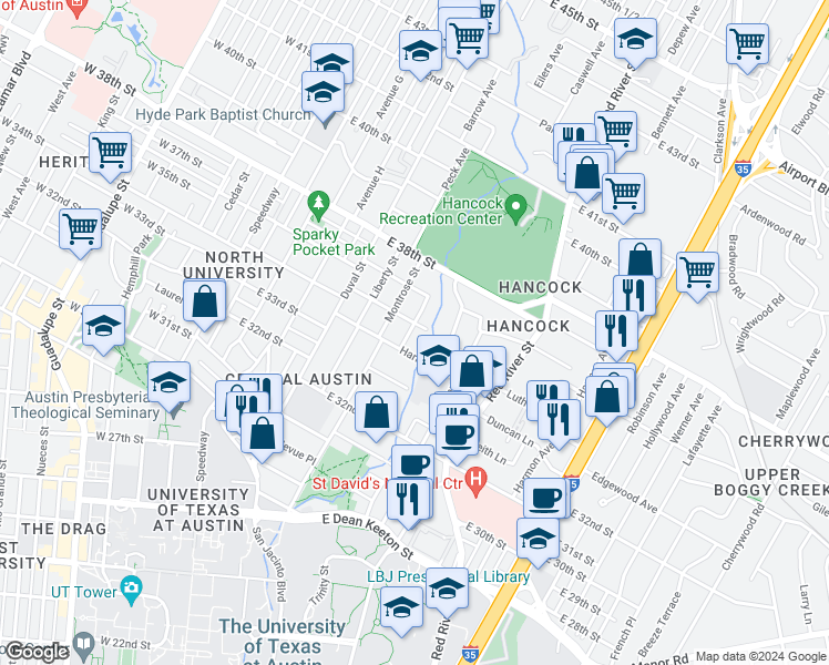 map of restaurants, bars, coffee shops, grocery stores, and more near in Austin