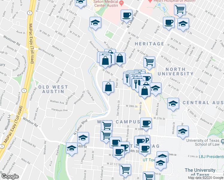map of restaurants, bars, coffee shops, grocery stores, and more near 807 West 28th 1/2 Street in Austin