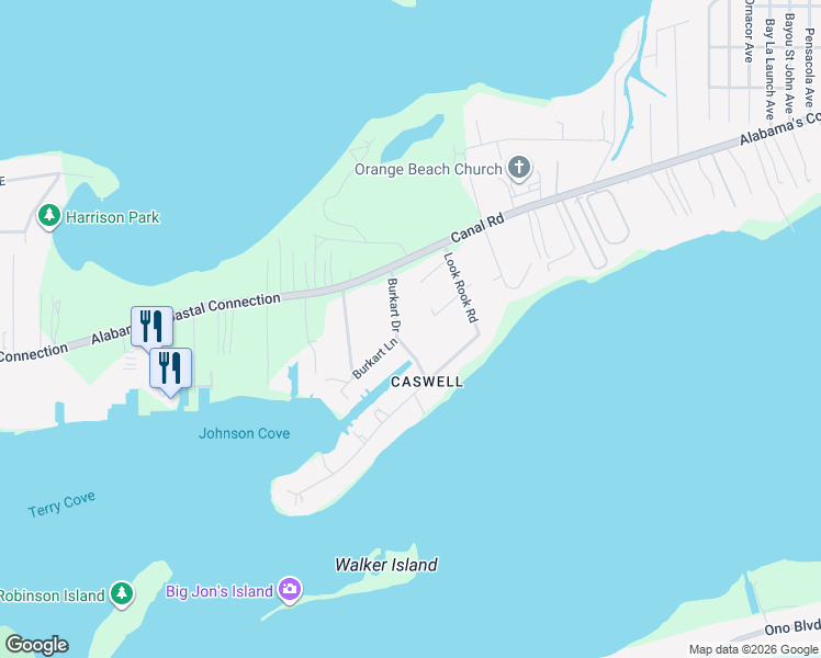 map of restaurants, bars, coffee shops, grocery stores, and more near 4798 Burkart Ln in Orange Beach