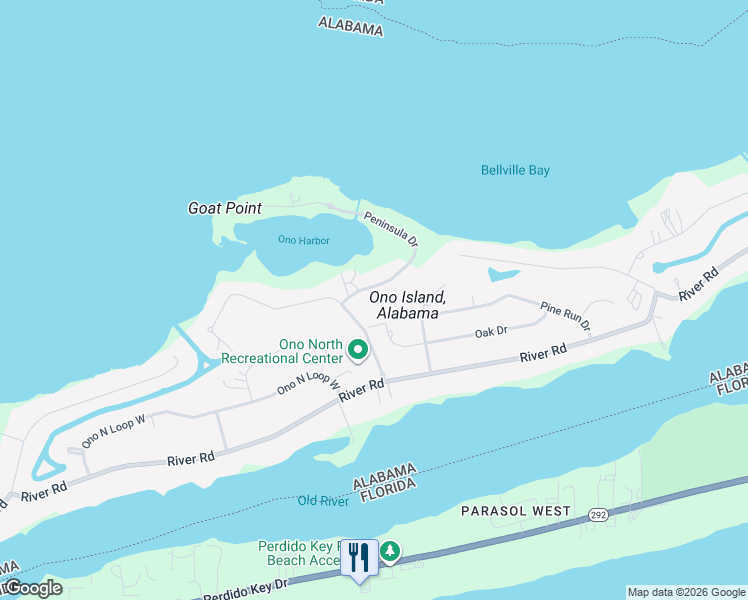map of restaurants, bars, coffee shops, grocery stores, and more near 30947 Peninsula Drive in Orange Beach