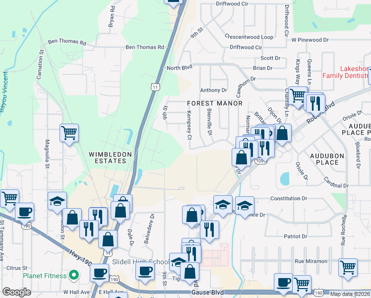 map of restaurants, bars, coffee shops, grocery stores, and more near 103 Kempsey Ct in Slidell