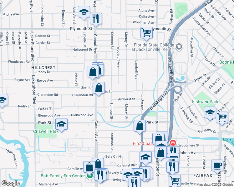 map of restaurants, bars, coffee shops, grocery stores, and more near 4738 Tunis Street in Jacksonville