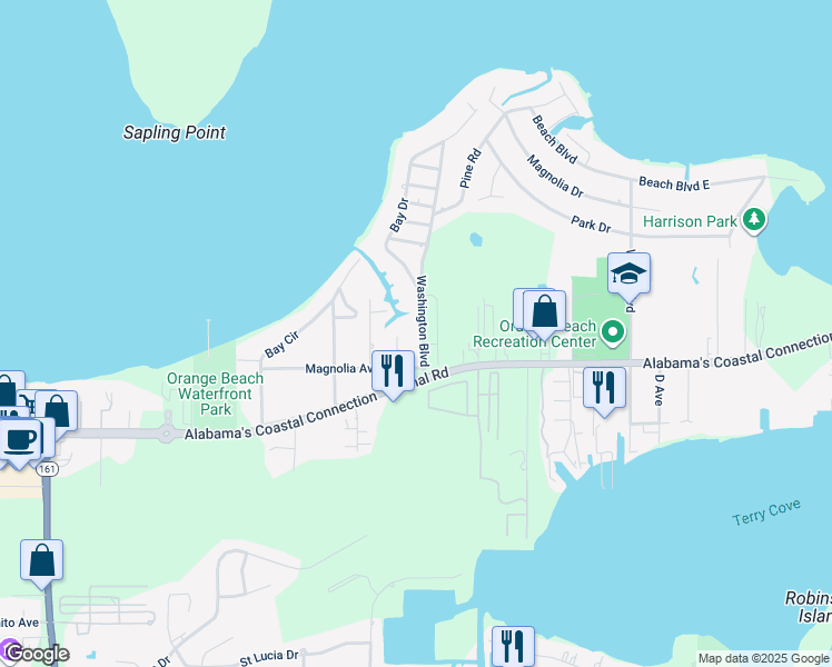 map of restaurants, bars, coffee shops, grocery stores, and more near 4807 Washington Boulevard in Orange Beach