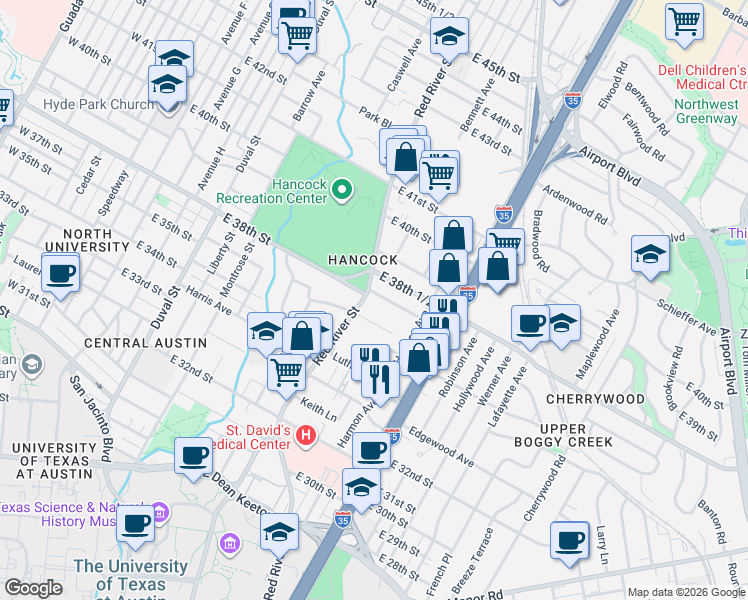 map of restaurants, bars, coffee shops, grocery stores, and more near in Austin