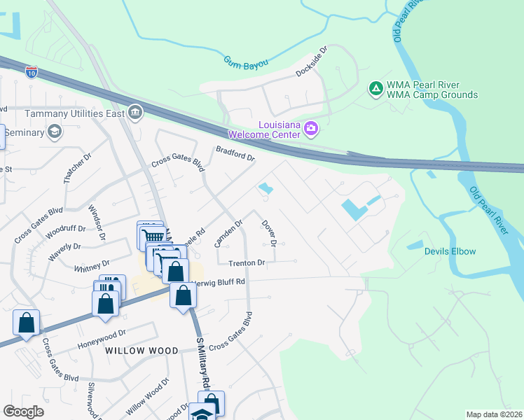 map of restaurants, bars, coffee shops, grocery stores, and more near 102 Dover Drive in Slidell