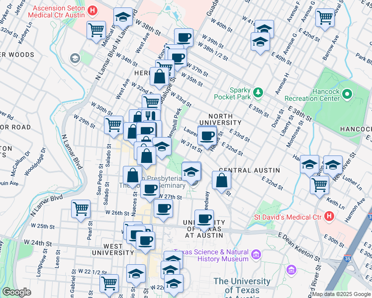 map of restaurants, bars, coffee shops, grocery stores, and more near in Austin