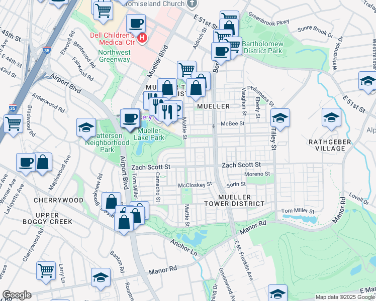map of restaurants, bars, coffee shops, grocery stores, and more near 4233 Mattie Street in Austin