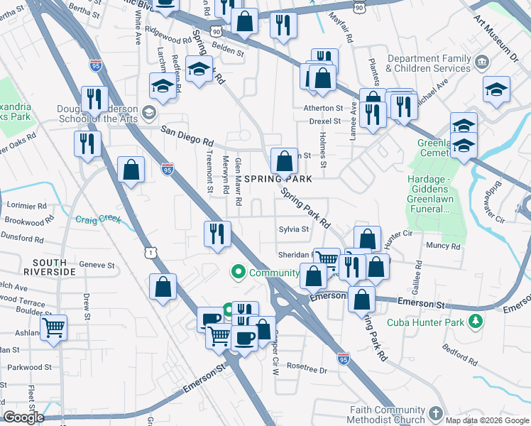 map of restaurants, bars, coffee shops, grocery stores, and more near 3243 Claremont Road in Jacksonville