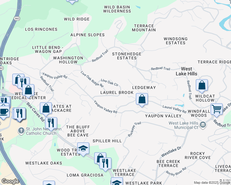 map of restaurants, bars, coffee shops, grocery stores, and more near 900 Live Oak Circle in West Lake Hills