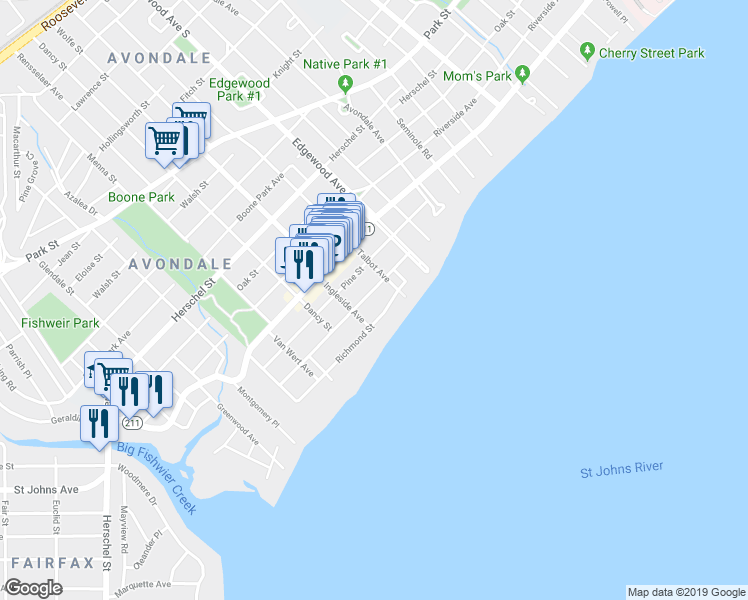 map of restaurants, bars, coffee shops, grocery stores, and more near 3570 Hedrick Street in Jacksonville