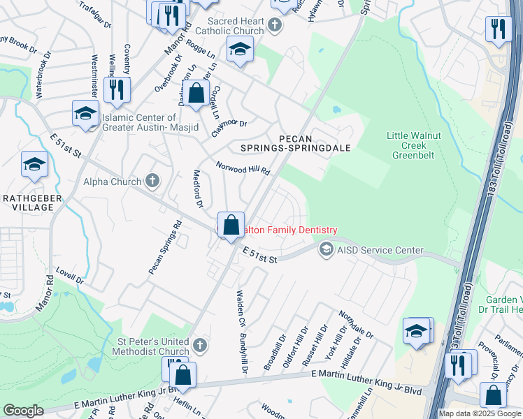 map of restaurants, bars, coffee shops, grocery stores, and more near 5306 Golden Canary Lane in Austin
