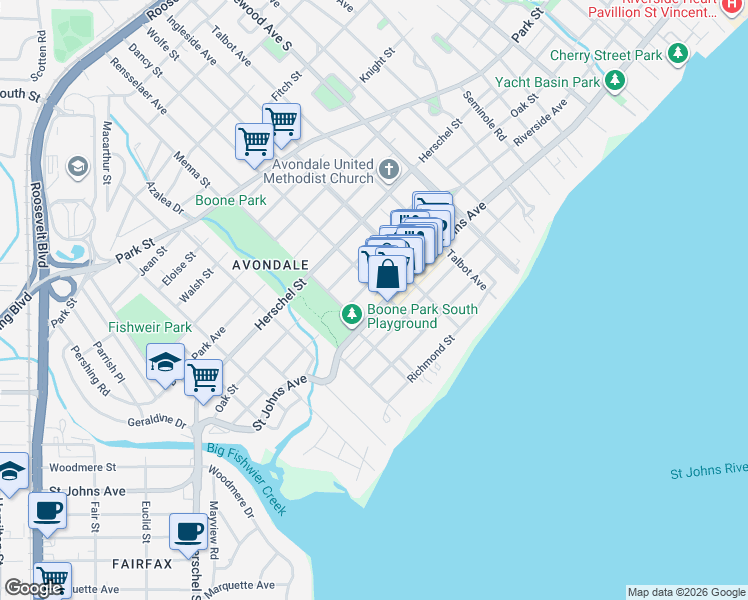 map of restaurants, bars, coffee shops, grocery stores, and more near 3661 Saint Johns Avenue in Jacksonville