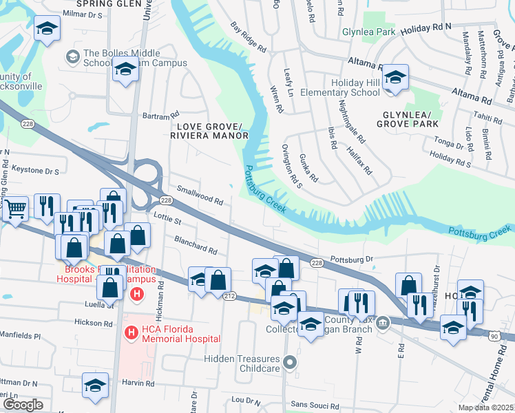map of restaurants, bars, coffee shops, grocery stores, and more near 1402 Glendale Road West in Jacksonville