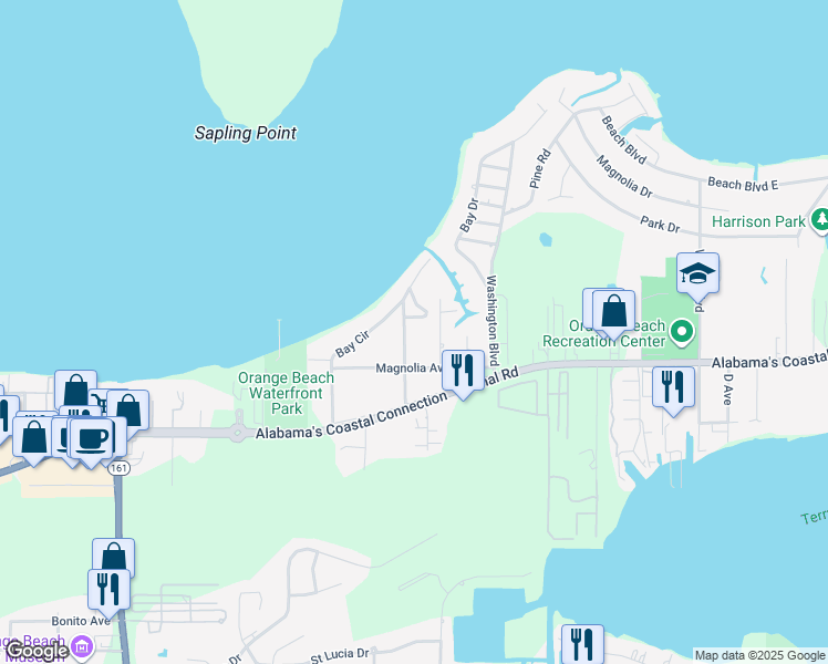 map of restaurants, bars, coffee shops, grocery stores, and more near 4850 Bay Cir in Orange Beach