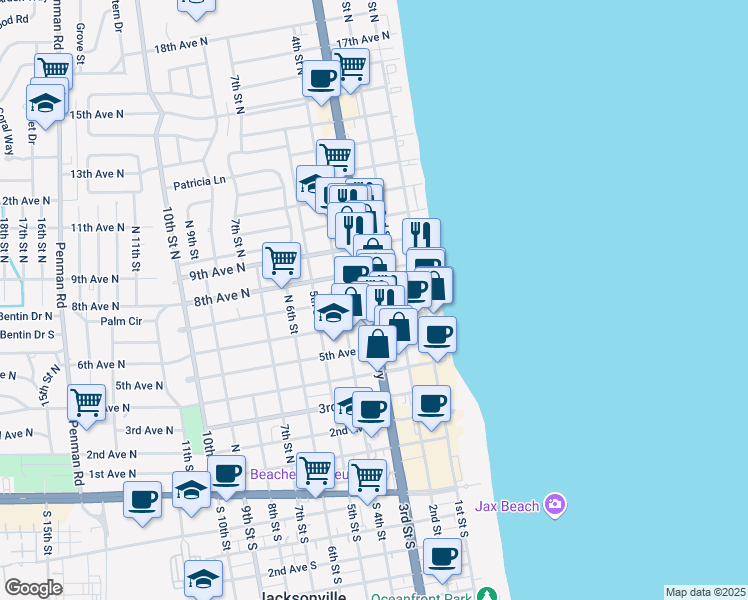 map of restaurants, bars, coffee shops, grocery stores, and more near 791 Florida A1A in Jacksonville Beach