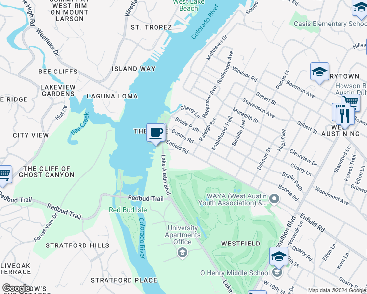 map of restaurants, bars, coffee shops, grocery stores, and more near 1501 Rockmoor Avenue in Austin