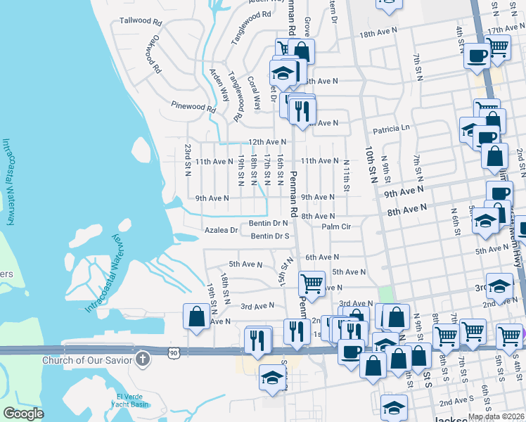 map of restaurants, bars, coffee shops, grocery stores, and more near 903 17th Street North in Jacksonville Beach