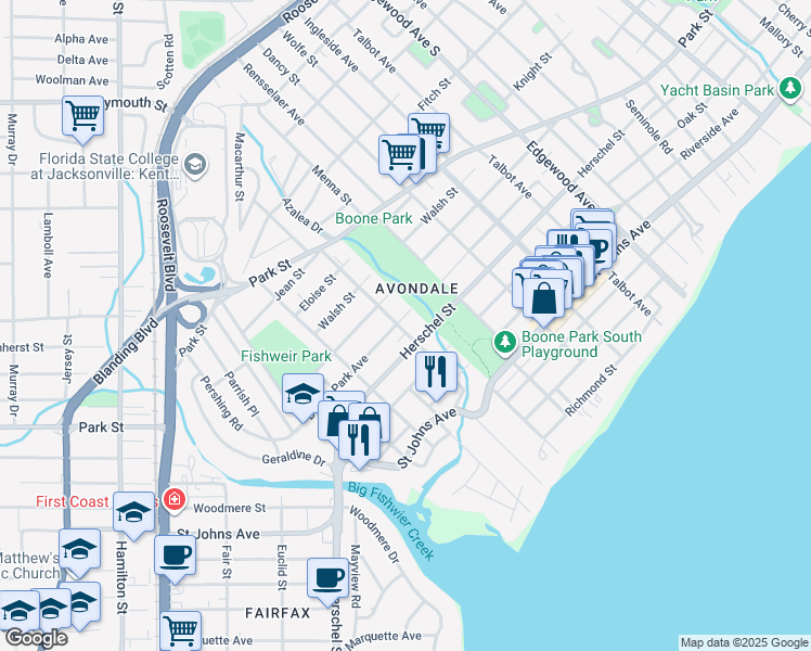 map of restaurants, bars, coffee shops, grocery stores, and more near 1677 Pine Grove Avenue in Jacksonville