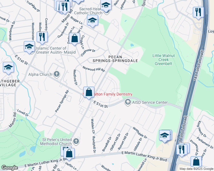 map of restaurants, bars, coffee shops, grocery stores, and more near 5314 Mulberry Grove Lane in Austin