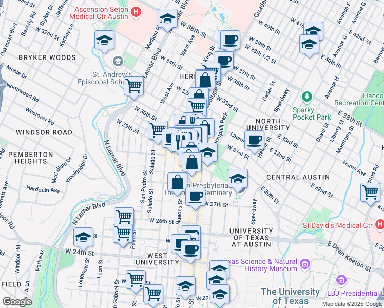 map of restaurants, bars, coffee shops, grocery stores, and more near 2908 Fruth Street in Austin