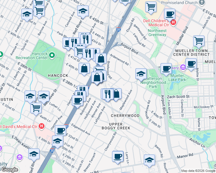map of restaurants, bars, coffee shops, grocery stores, and more near 1305 Kirkwood Road in Austin