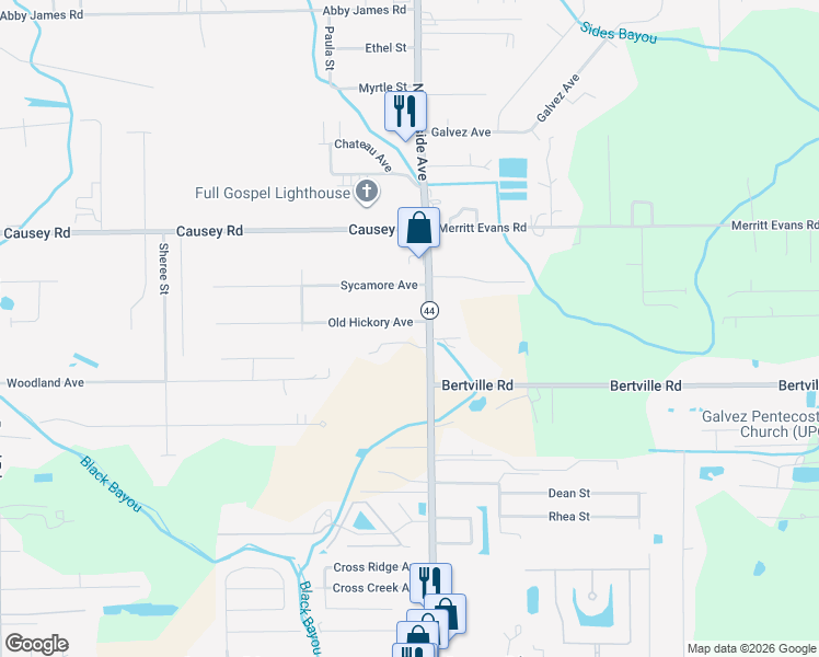 map of restaurants, bars, coffee shops, grocery stores, and more near 40517 Old Hickory Avenue in Gonzales