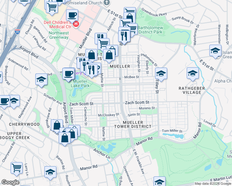 map of restaurants, bars, coffee shops, grocery stores, and more near 4241 Threadgill Street in Austin