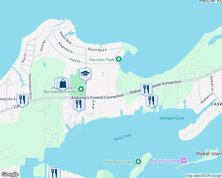 map of restaurants, bars, coffee shops, grocery stores, and more near 4820 Tiger Brown Avenue in Orange Beach