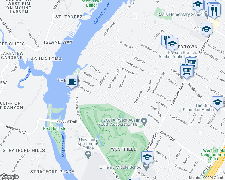 map of restaurants, bars, coffee shops, grocery stores, and more near 3411 Bridle Path in Austin