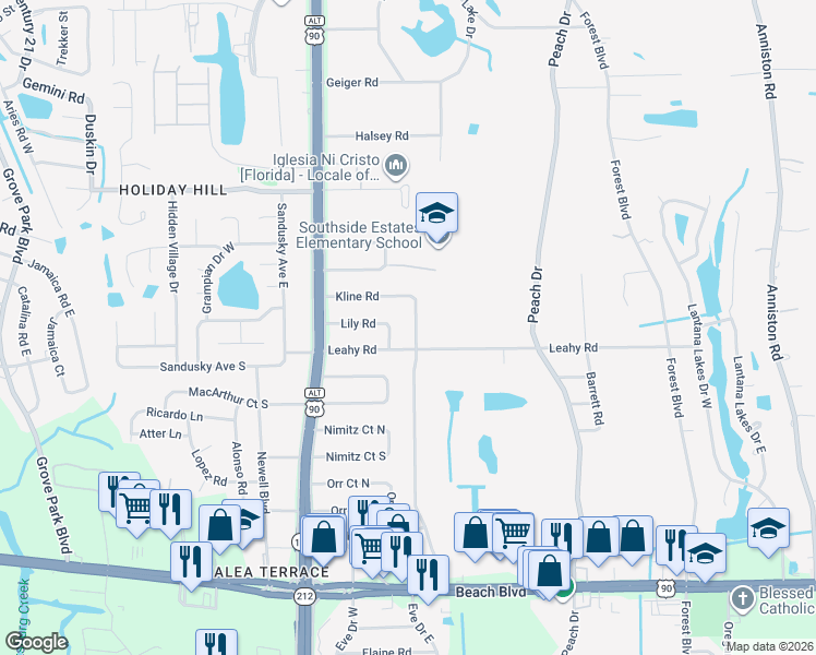 map of restaurants, bars, coffee shops, grocery stores, and more near 2728 Kline Road in Jacksonville