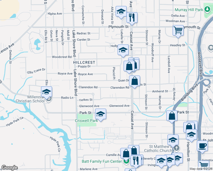 map of restaurants, bars, coffee shops, grocery stores, and more near 5233 Clarendon Road in Jacksonville