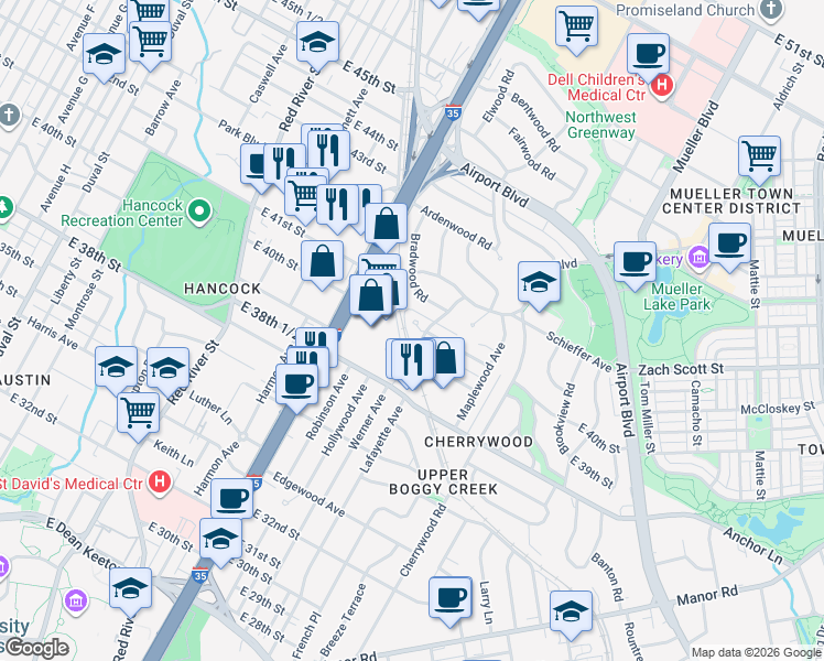 map of restaurants, bars, coffee shops, grocery stores, and more near 1305 Kirkwood Road in Austin