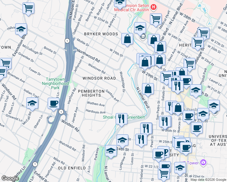map of restaurants, bars, coffee shops, grocery stores, and more near 2610B McCallum Drive in Austin