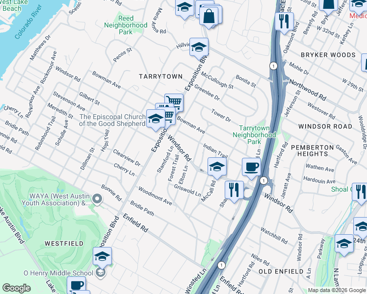 map of restaurants, bars, coffee shops, grocery stores, and more near 3009 Windsor Road in Austin