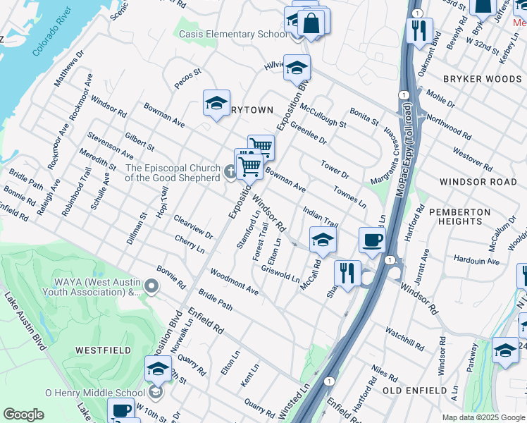 map of restaurants, bars, coffee shops, grocery stores, and more near 3009 Windsor Road in Austin