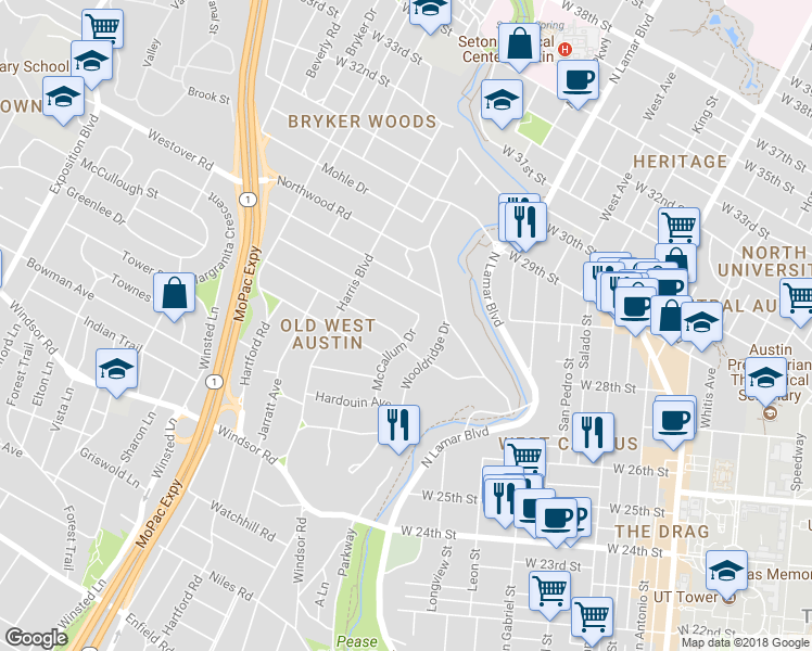 map of restaurants, bars, coffee shops, grocery stores, and more near 2610B McCallum Drive in Austin