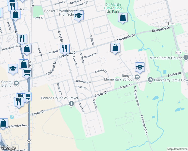 map of restaurants, bars, coffee shops, grocery stores, and more near 803 Lovebug Lane in Conroe